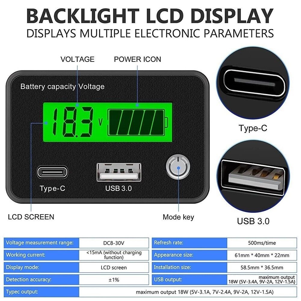 Battery Capacity Indicator Voltage DC8 30V for Car Motorcycle Applications