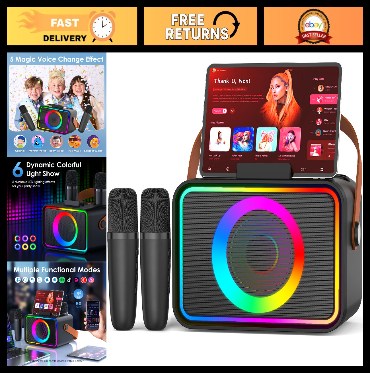 Portable Karaoke Machine for Kids & Adults, Bluetooth Speaker, 2 Wireless Mics,