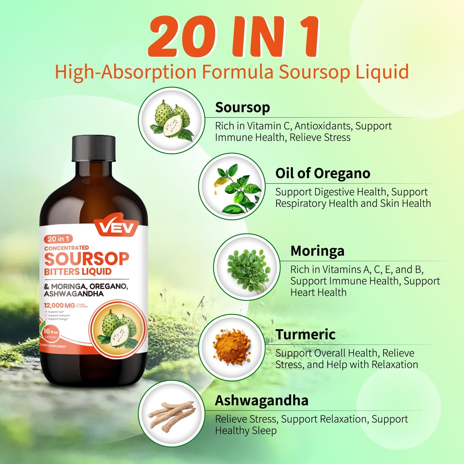 Soursop Bitters Liquid, Graviola Extract, 16 Fl Oz, 20 in 1, with Moringa, Or...