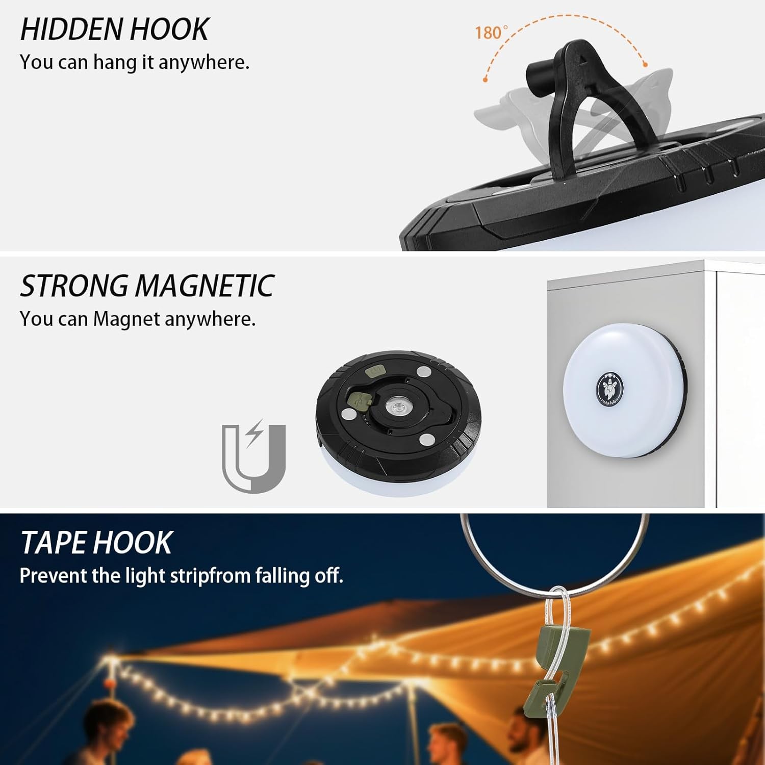 Camping String Lights, 4 in 1 Portable Camping Light Rechargeable, 8 Lighting