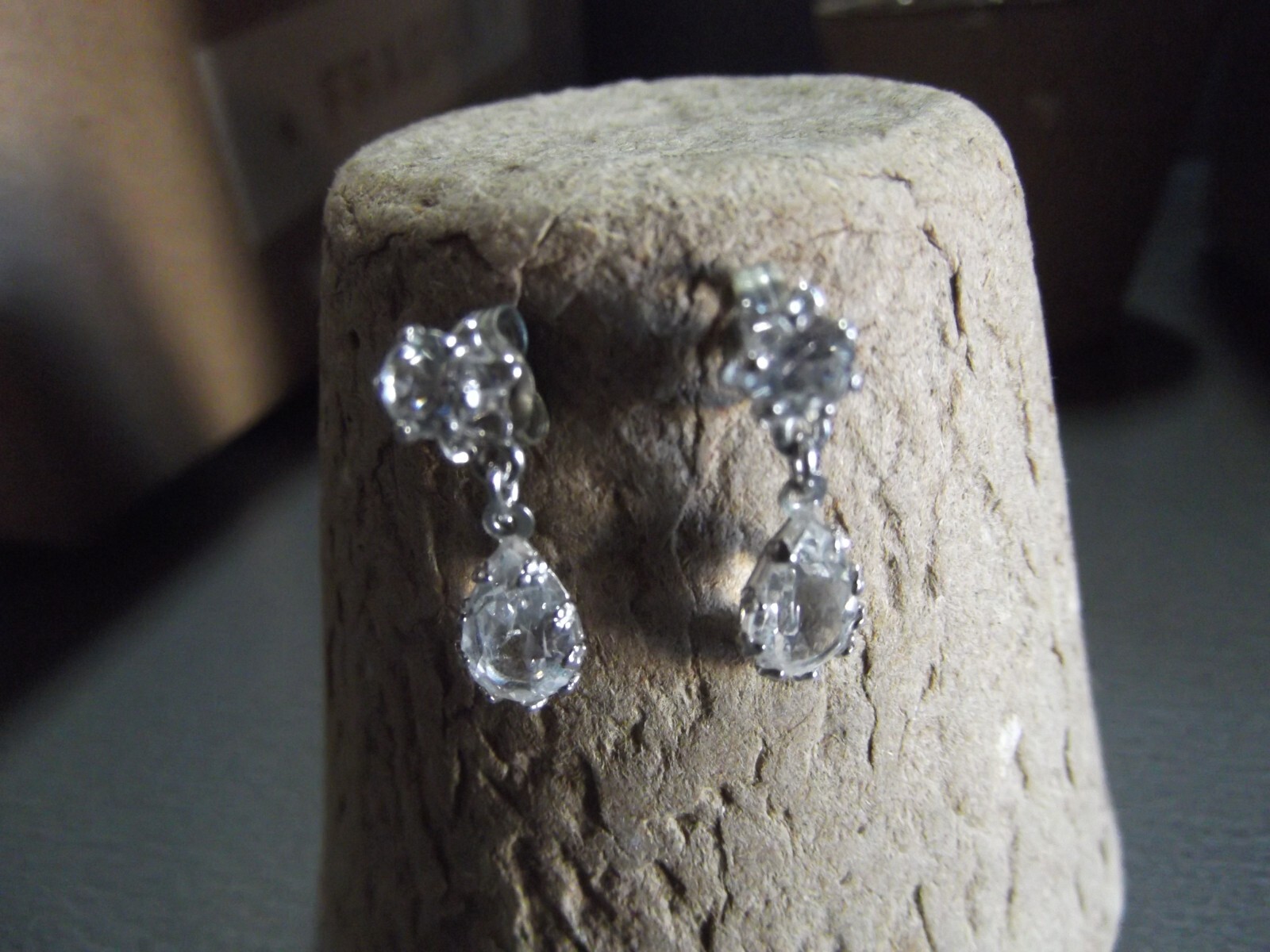 1 Pair Old .75"in White Glass Sparkly w/ Teardrop Dangle Stud