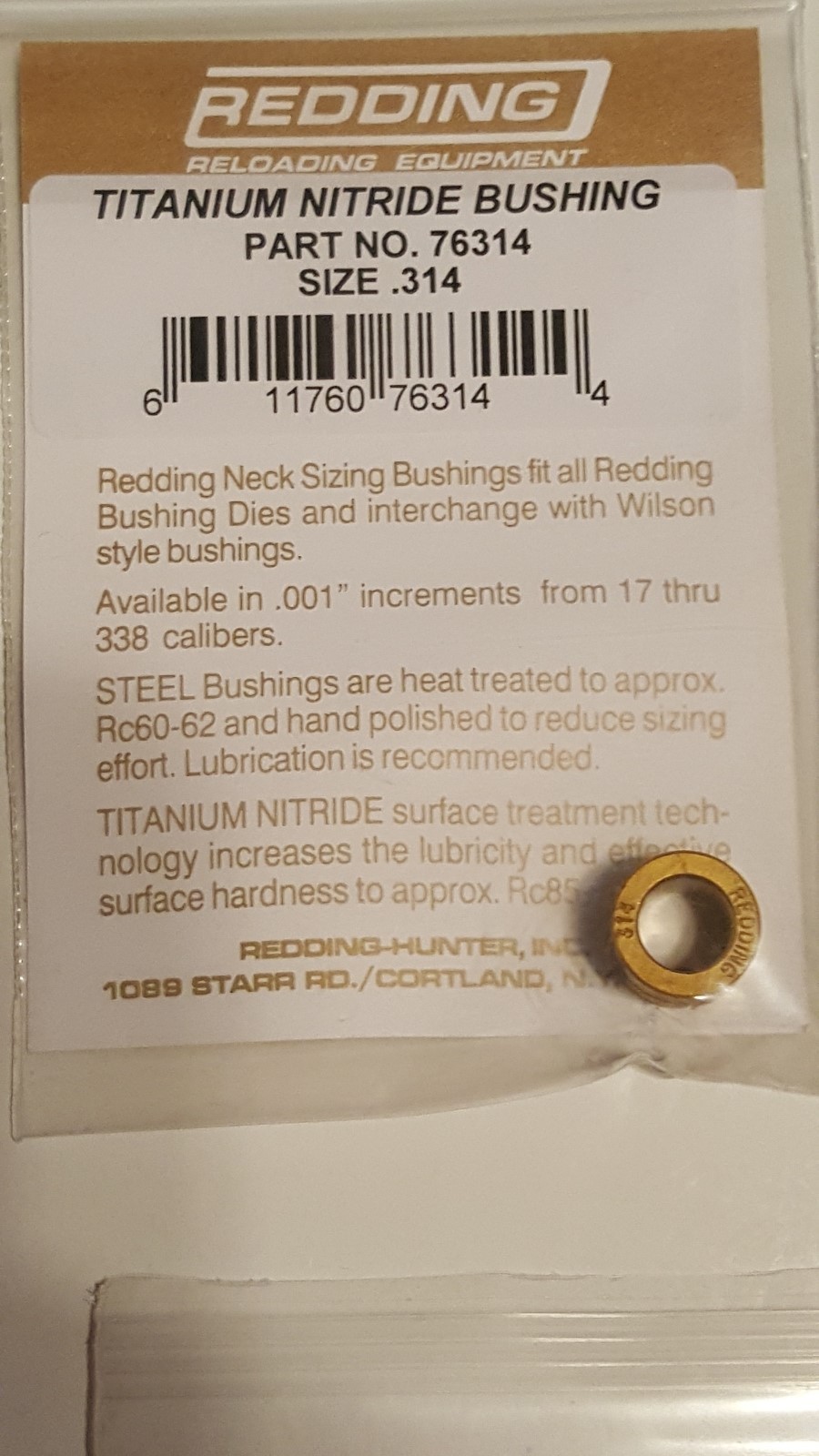76314 REDDING TITANIUM NITRIDE .314 NECK SIZE BUSHING - BRAND NEW - FREE SHIP
