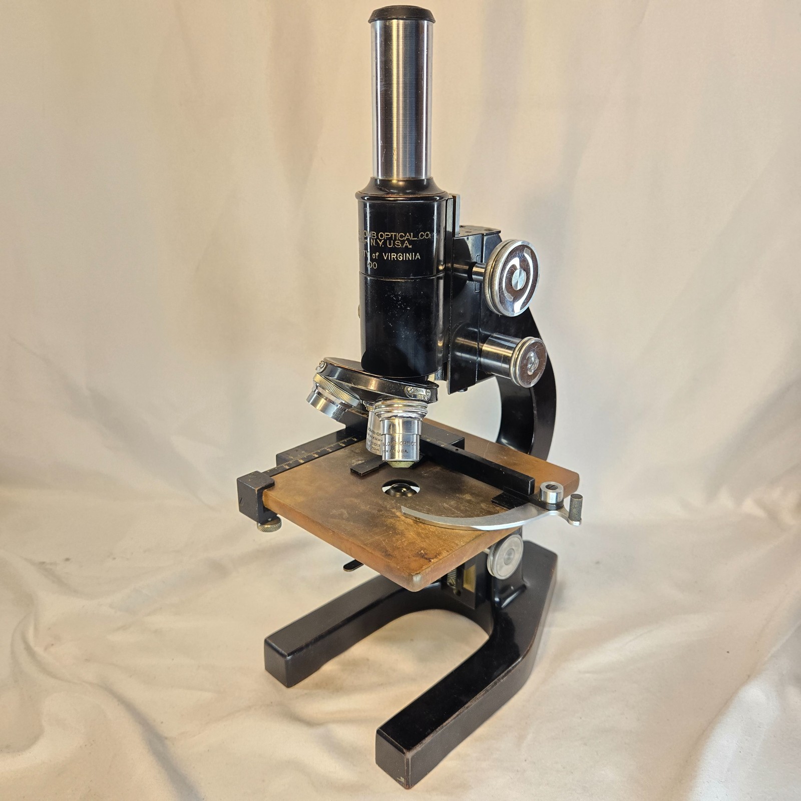 Antique 1920's Bausch & Lomb Microscope - Original Wood Case, Light & Extra Lens