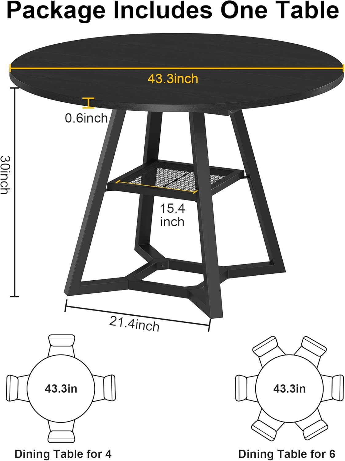 43" Round Dining Table for 4 - Space-Saving Black Wood & Metal Design