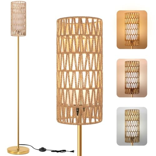 Floor Lamp for Living Room,Farmhouse Round Rattan Shade Gold Color-3 Color Bulb
