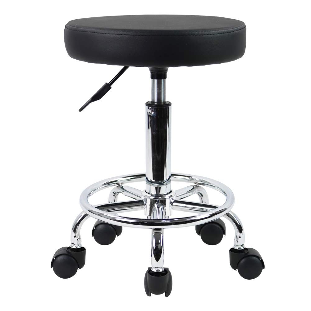 Leather Round Rolling Stool with Foot Rest Swivel Height Adjustment