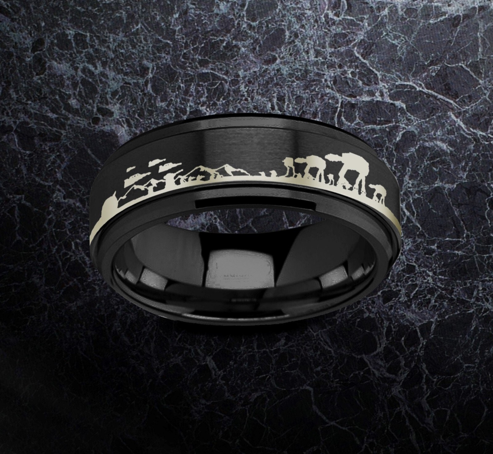 Star Wars Hoth Battle Scene Spinner Ring, Tungsten Carbide Wedding Ring 8mm
