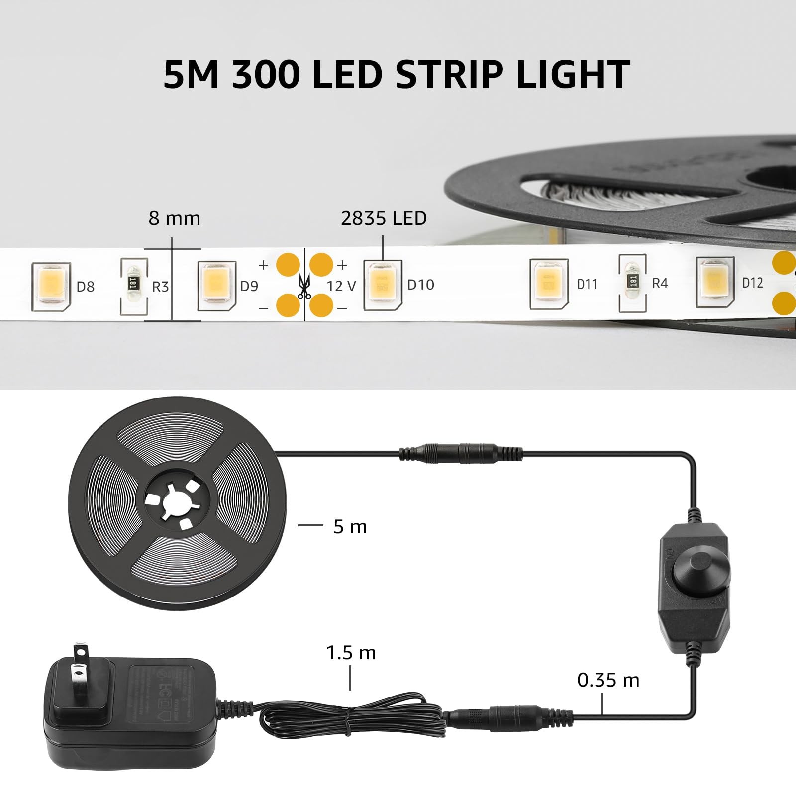 Light White, 16.4ft Dimmable Vanity Lights, 6000K Super Bright Tape Lights, 3...