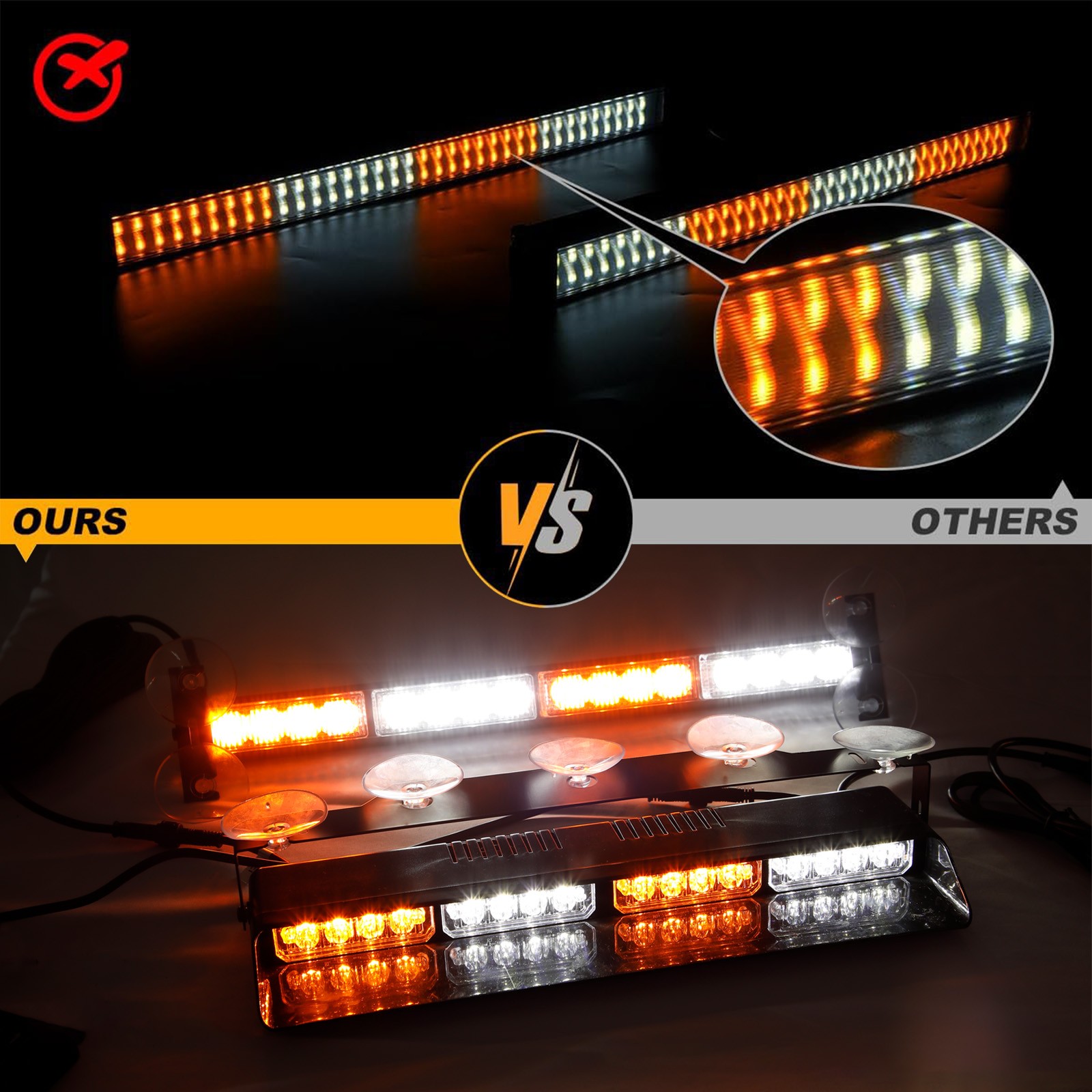 Amber/White 64 LED Warning Light Bar Windshield Flash Lamp Emergency Strobe