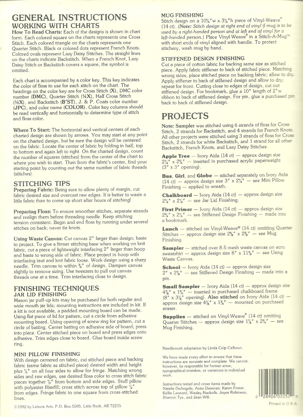 Leisure Arts Classroom Classics Cross Stitch Pattern Leaflet #2252