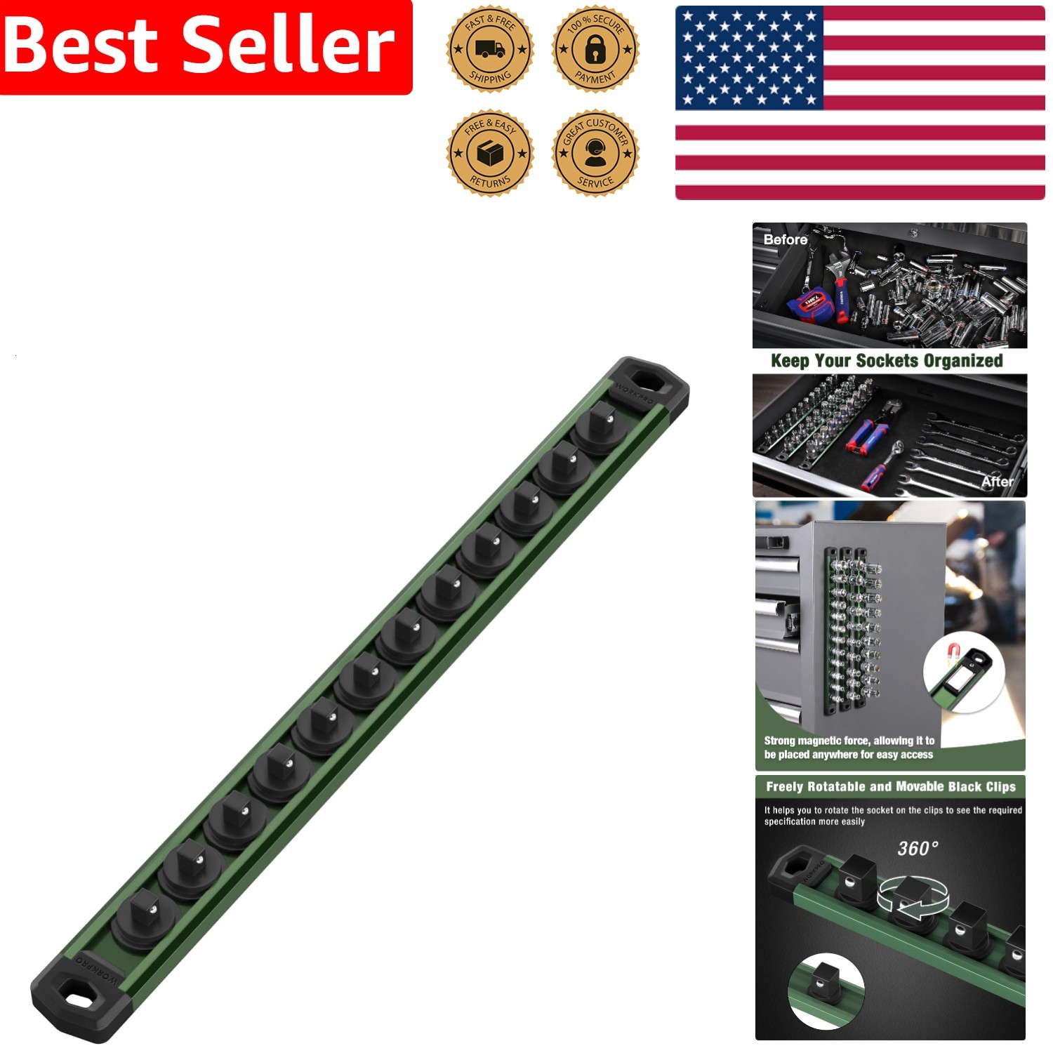 Drive Magnetic Aluminum Alloy Tool Holder Heavy Duty 12 Clip Workshop Garage