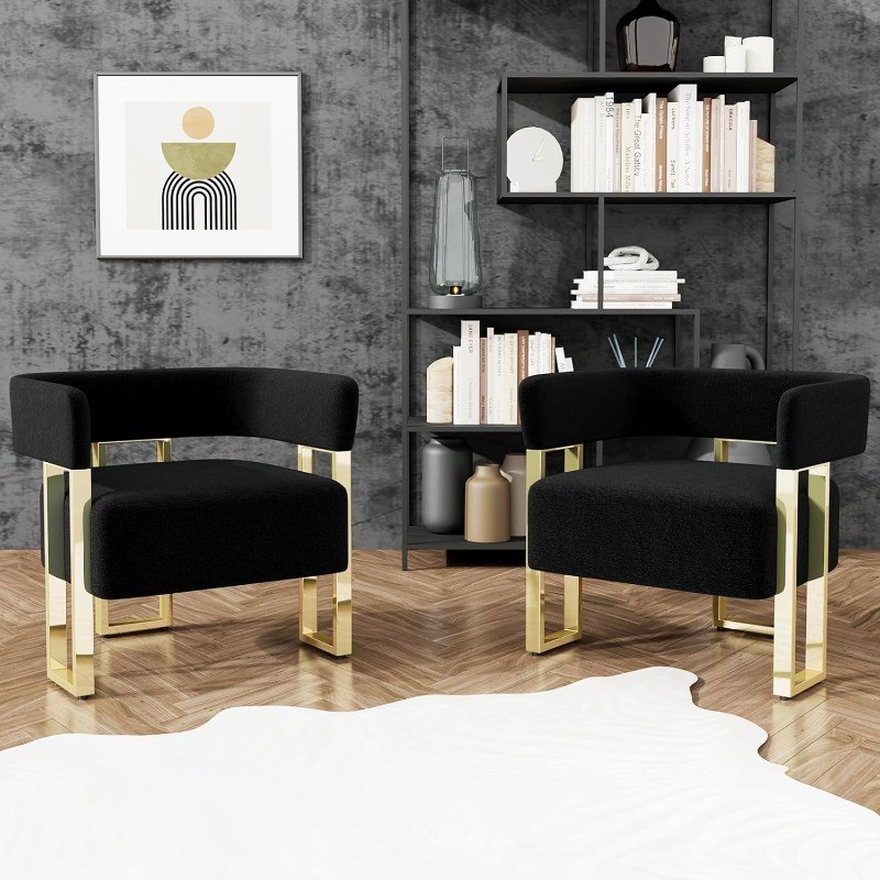 Modern Black and Gold Accent Chair Set of 2 Boucle Bucket Arm Chairs Bedroom