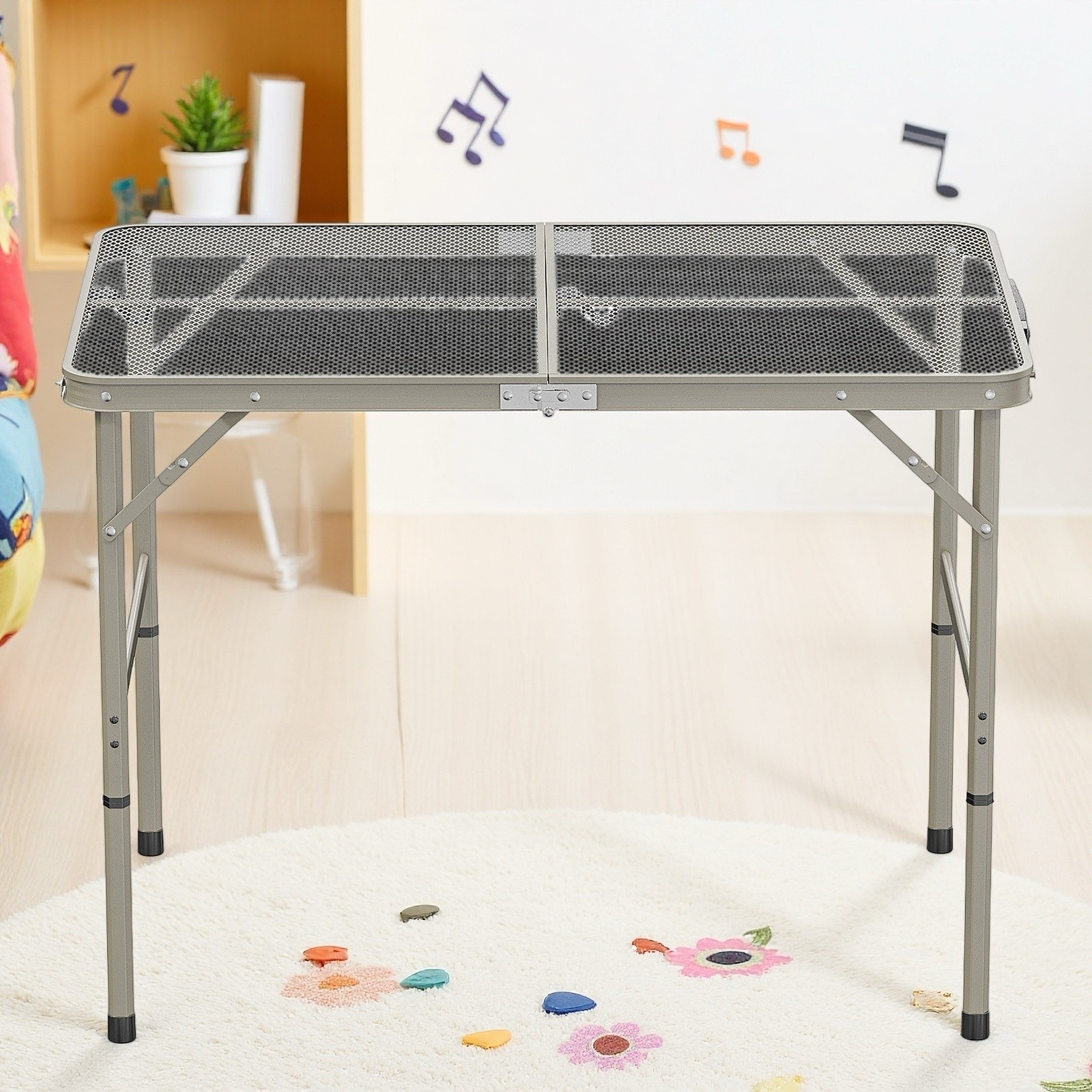 3ft Folding Camping Wire Mesh Table - Adjustable Aluminum Frame Picnic Dark Gray
