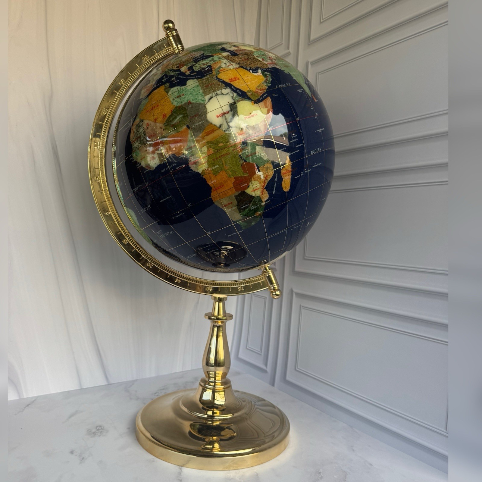 🌍 Large Semi-Precious Stone World Globe on Brass Stand