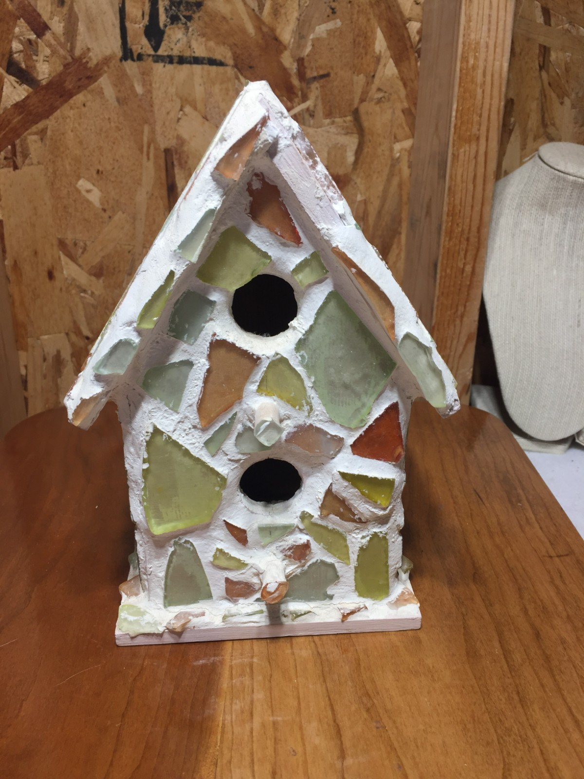 Hand Made White Mosaic Birdhouse Kaleidoscope Of Varied Glass Tiles 9" Tall 6" W