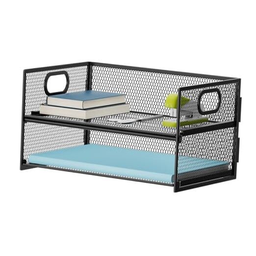 2 Tier Paper Organizer Letter Tray, Mesh File Organizer with Handle, Black