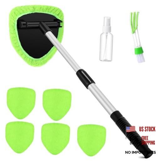 8 Pcs Car Windshield Cleaner Tool Kit with Extendable Handle, Microfiber Green