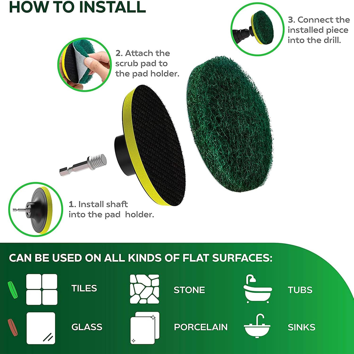 4" Drill Powered Scrubber Pad Set 6pc Scouring Pads & Holder for Tile Grout Floo