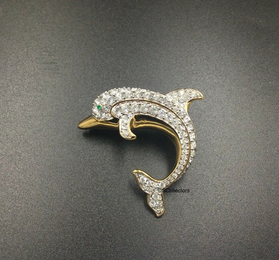 Swarovski Crystal Dolphin Brooch, Vintage Gold Toned Pin, Sea Animal Jewelry