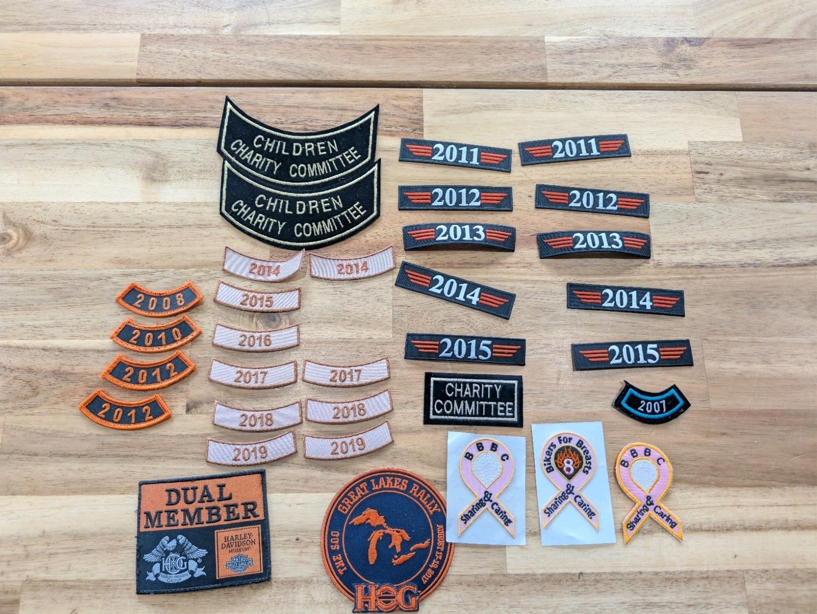 Lot of 33 Motorcycle Patches: Harley Davidson, HOG, Year Rockers, Dual Member
