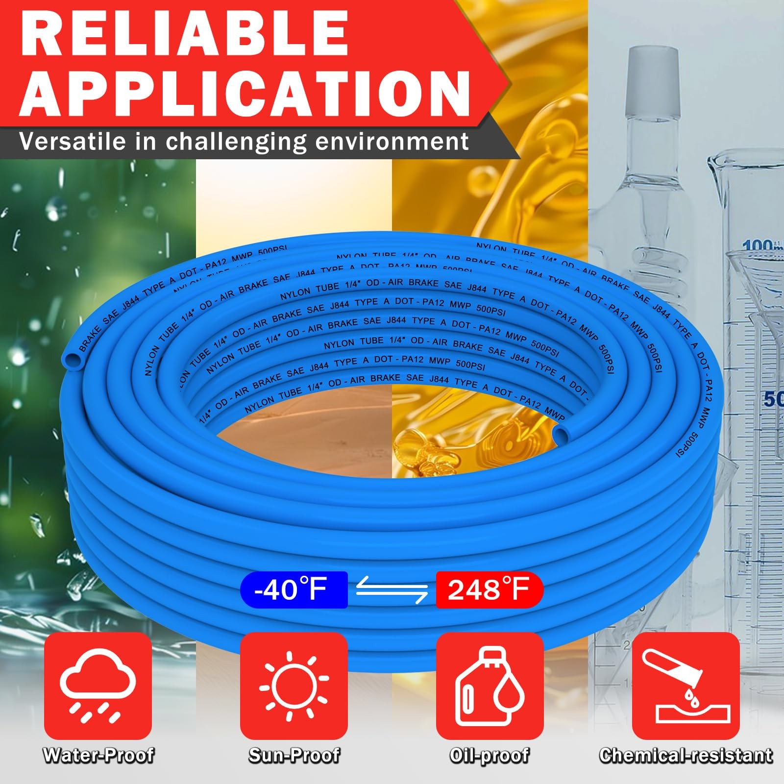 CheeMuii 50 FT 1/4" DOT Air Line Blue 1/4 PA12 Nylon 1/4"OD-50FT,