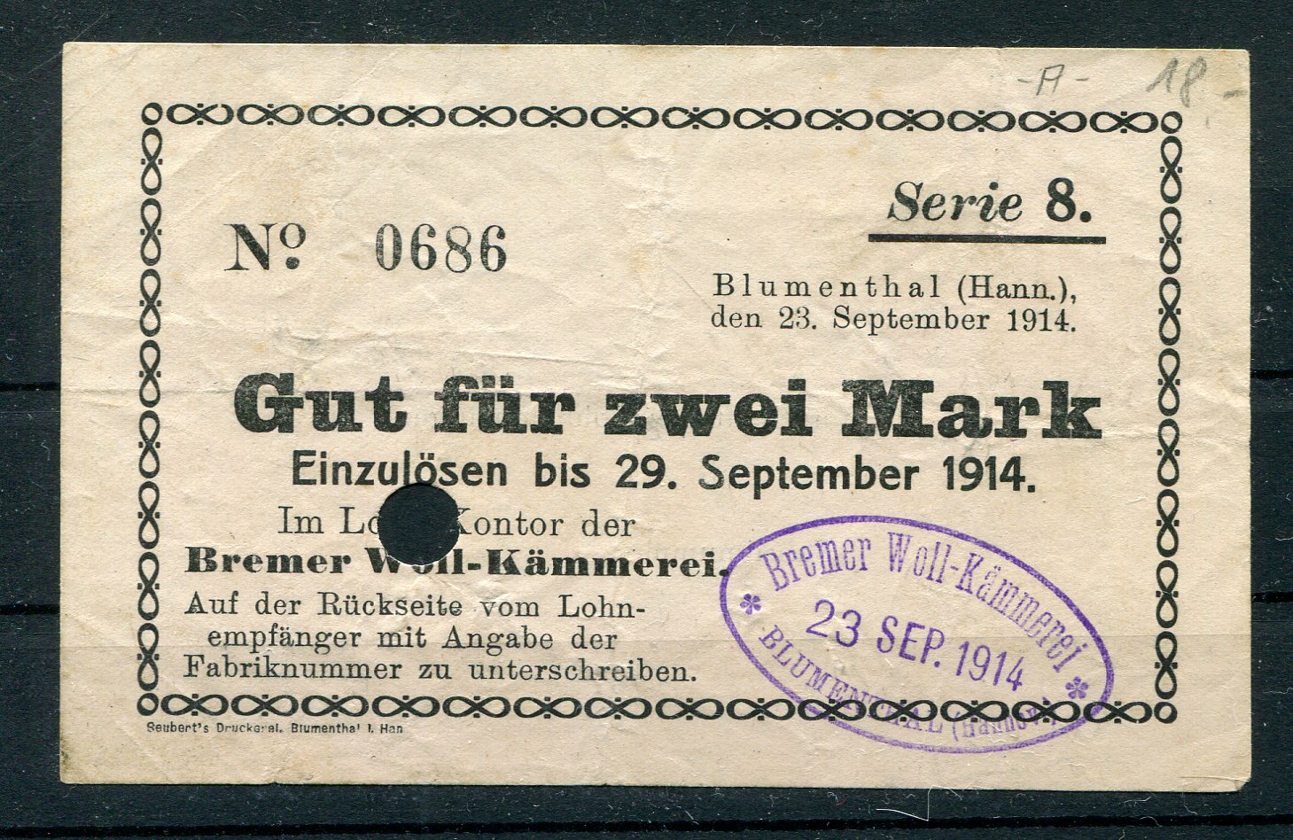 Blumenthal 2 Mark Notgeld Bremen Woll-Kämmerei Series 8 2/18586