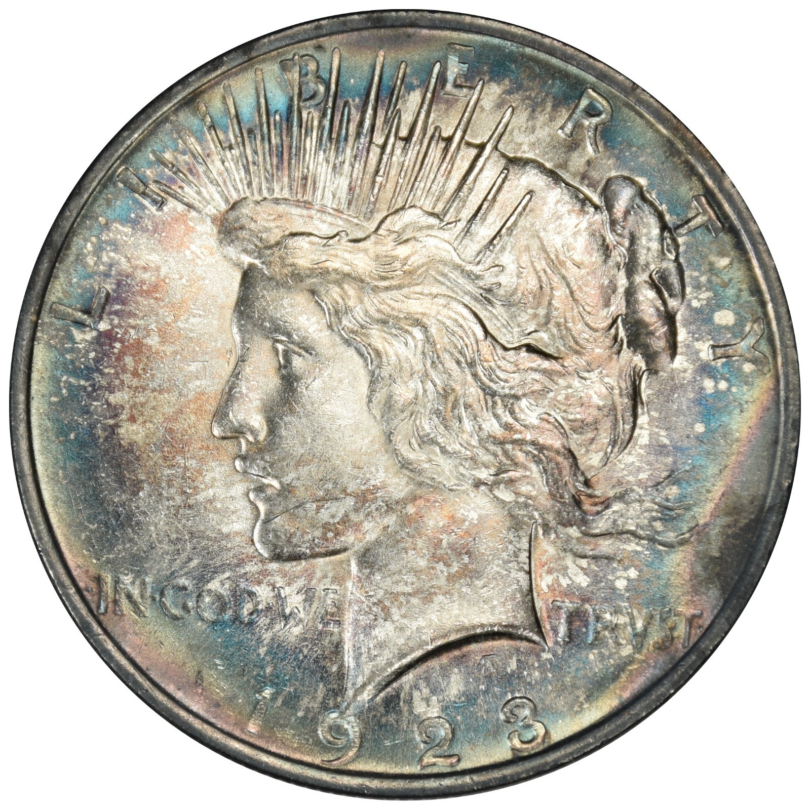 1923 Peace Dollar - Unc - Monster Target Tone Rainbow Album Toning! (Inv#199)