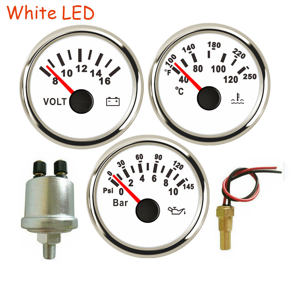 52mm 2" 3 Gauge Set with Senders Oil Pressure Volts Water Temperature White LED