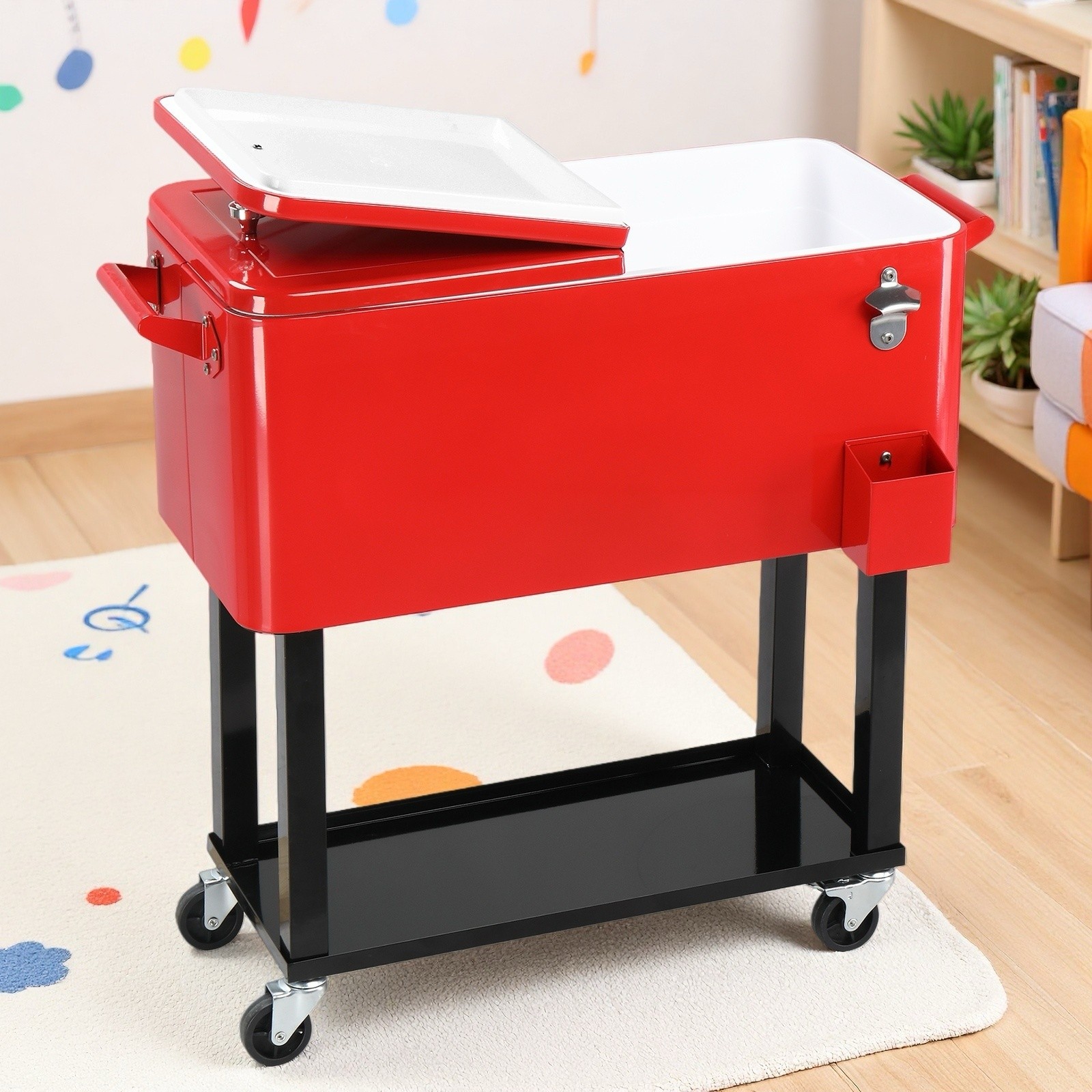 80QT Insulated Rolling Cooler Cart - Drain Plug, Bottom Shelf & Red Ice Chest