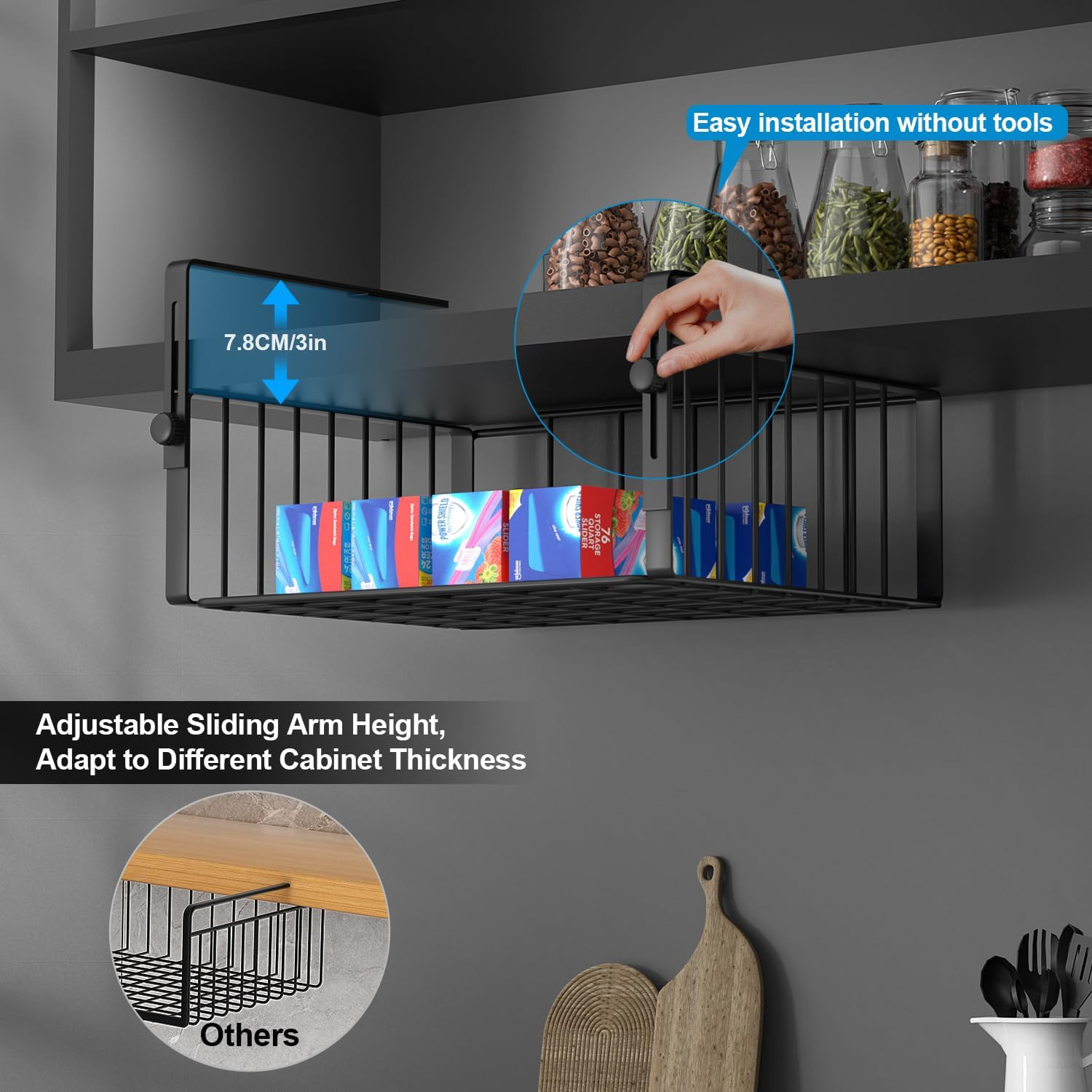 2Pack under Shelf Basket Storage,Adjustable Hanging,Black | under Cabinet Shelf