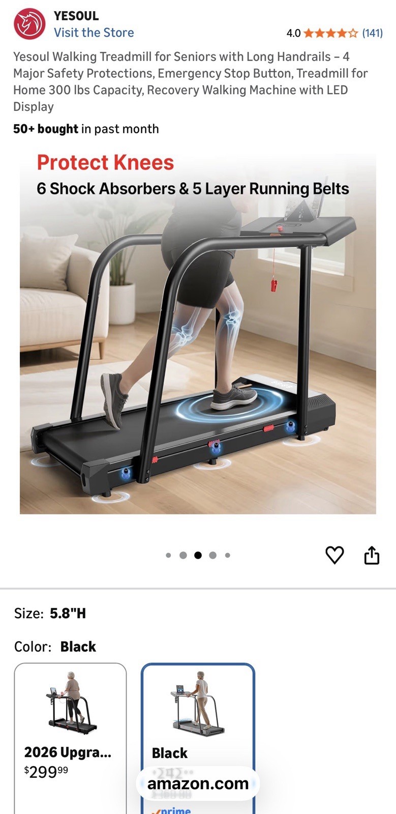 YESOUL Electric Walking Treadmill, Extended Handrails, LED Display, 300 lbs
