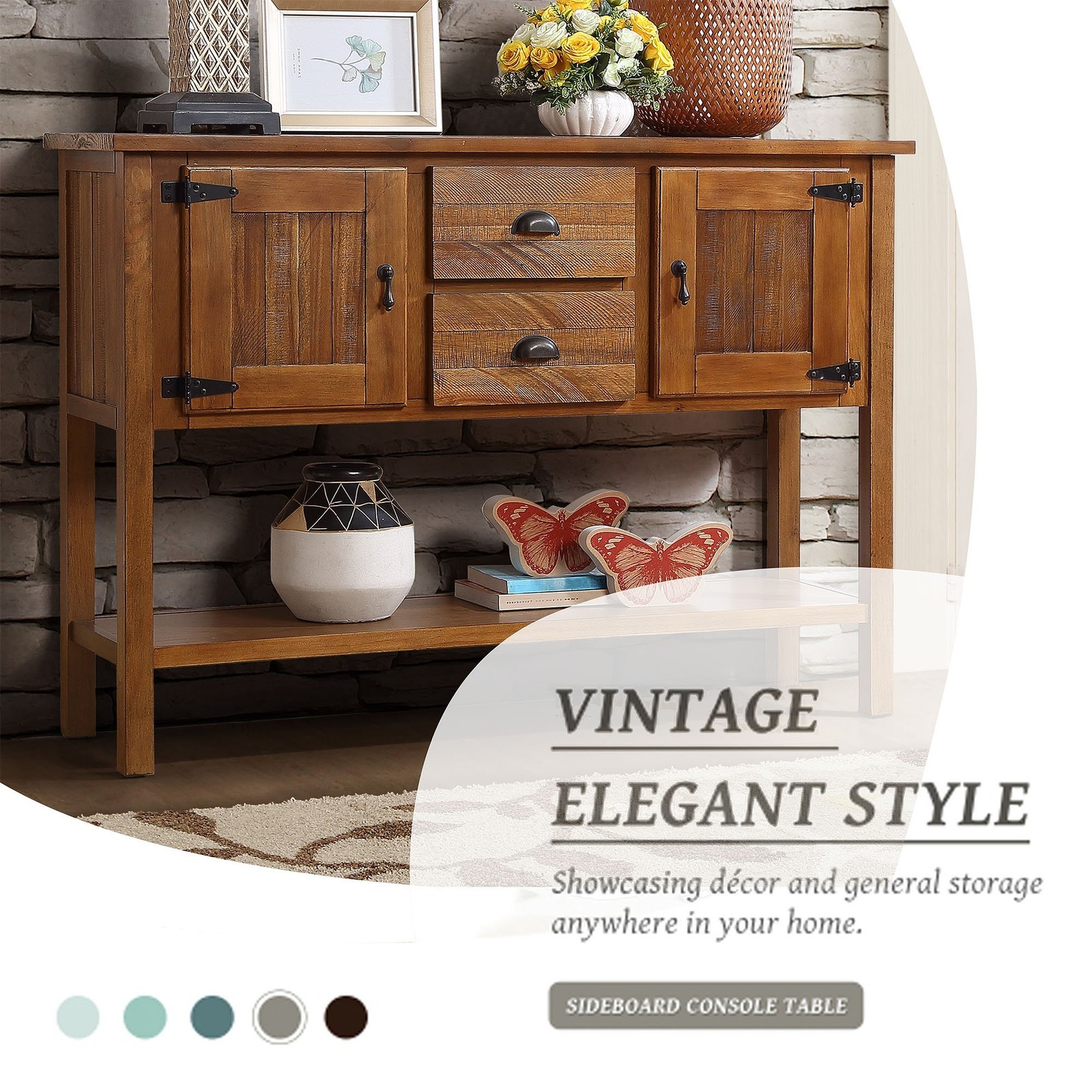 46'' Solid Wood Sideboard Retro Console Table with 2 Drawers & Cabinets