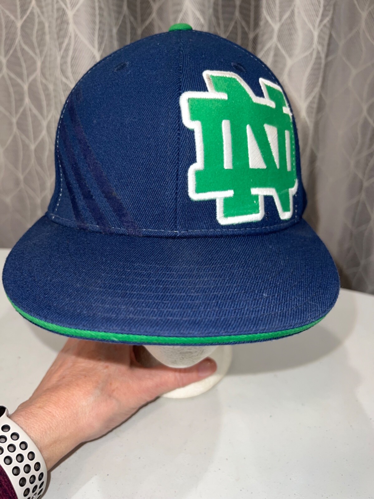 Adidas Navy Green Notre DameHat Cap Fitted 71/4 to 7 5/8  Unique side ND EUC