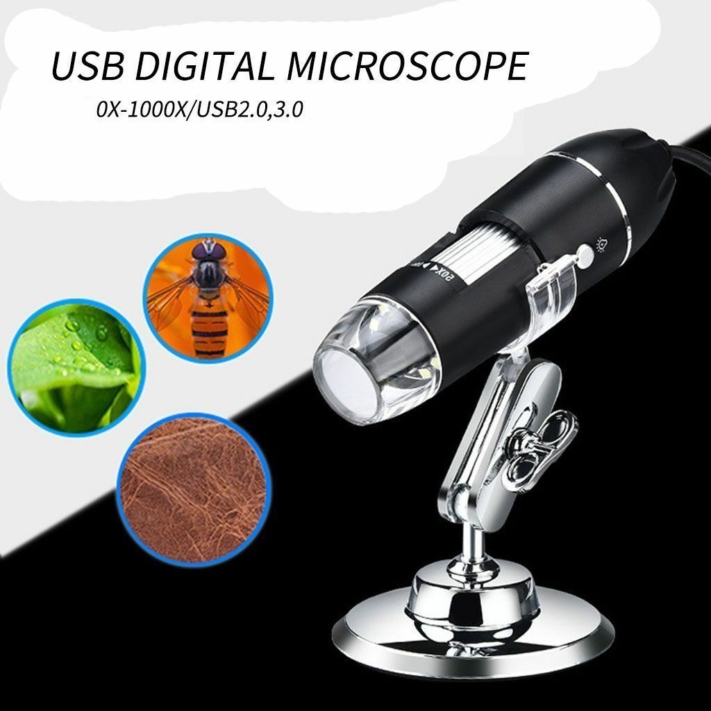 8LED 1000X 3MP USB Digital Microscope Endoscope Magnifier Camera w/ Stand Black