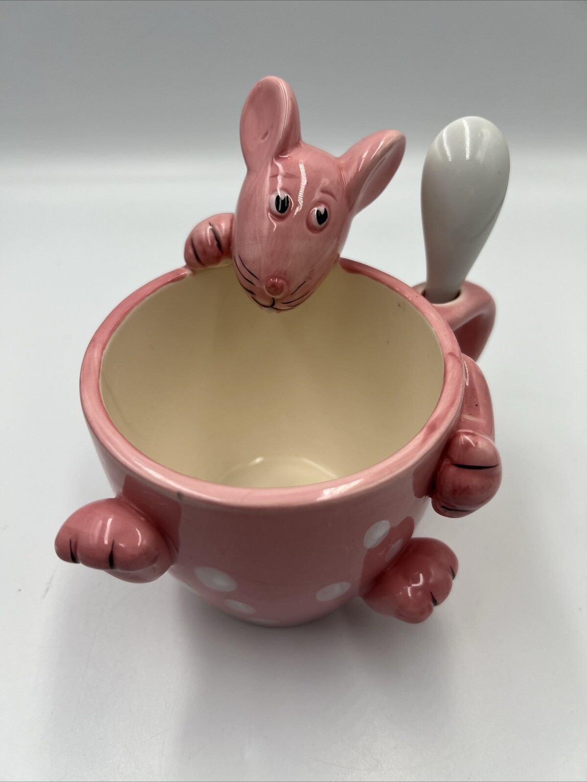 Ceramic Pink Mouse Mug with Spoon 5 x 4” Vgc