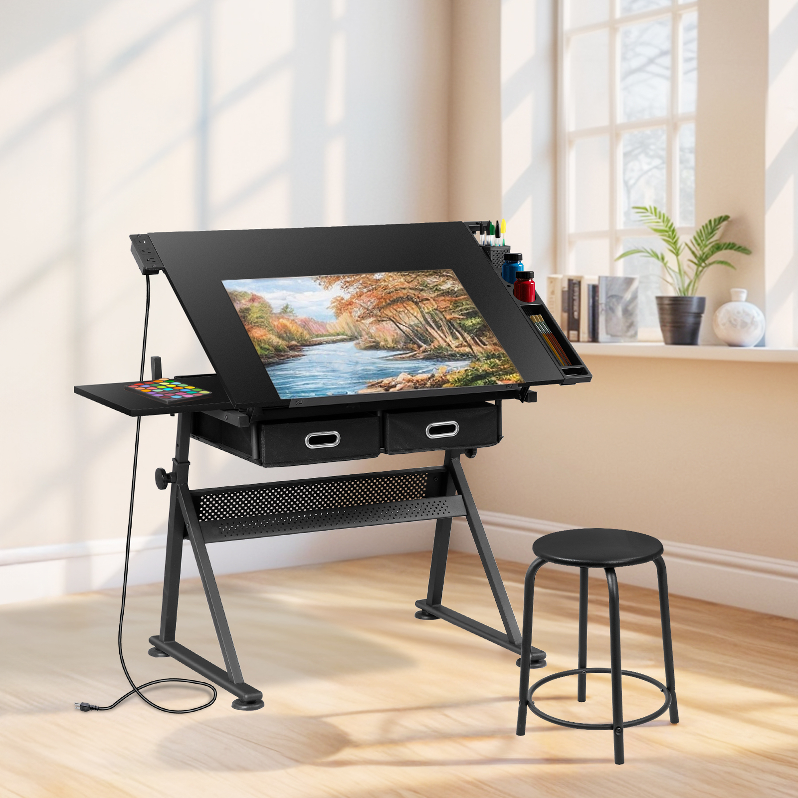 Adjustable Drafting Table for Artists Drawing Table w/ Charging Station Black