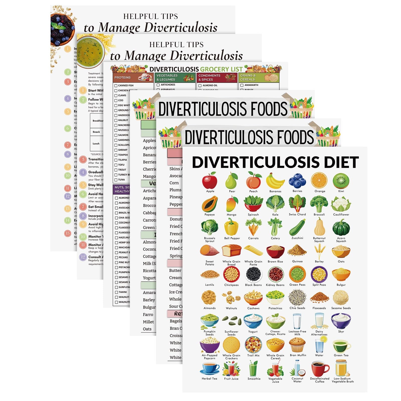 6 Pcs Diverticulosis Food List Poster Diverticulosis Diet High Fiber Food Cha...
