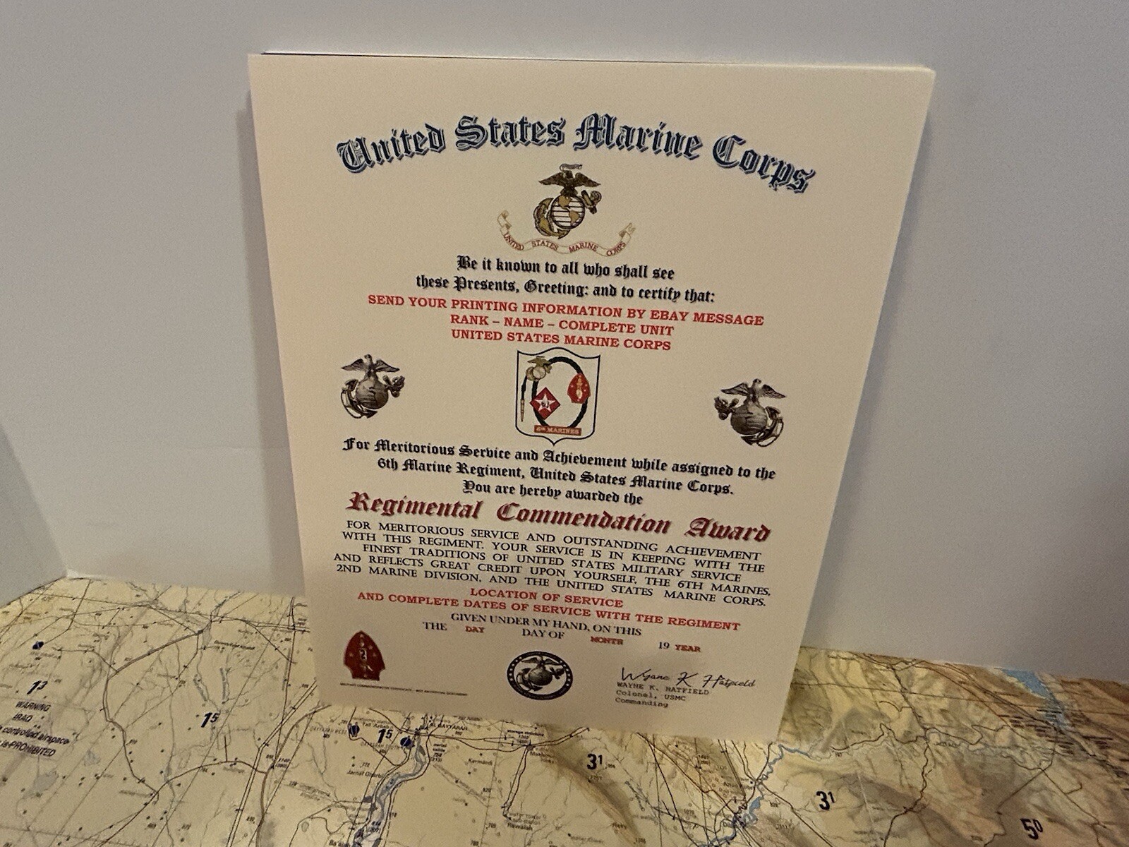U.S.M.C. / 6TH MARINE REGIMENT - REGIMENTAL COMMENDATION AWARD CERTIFICATE