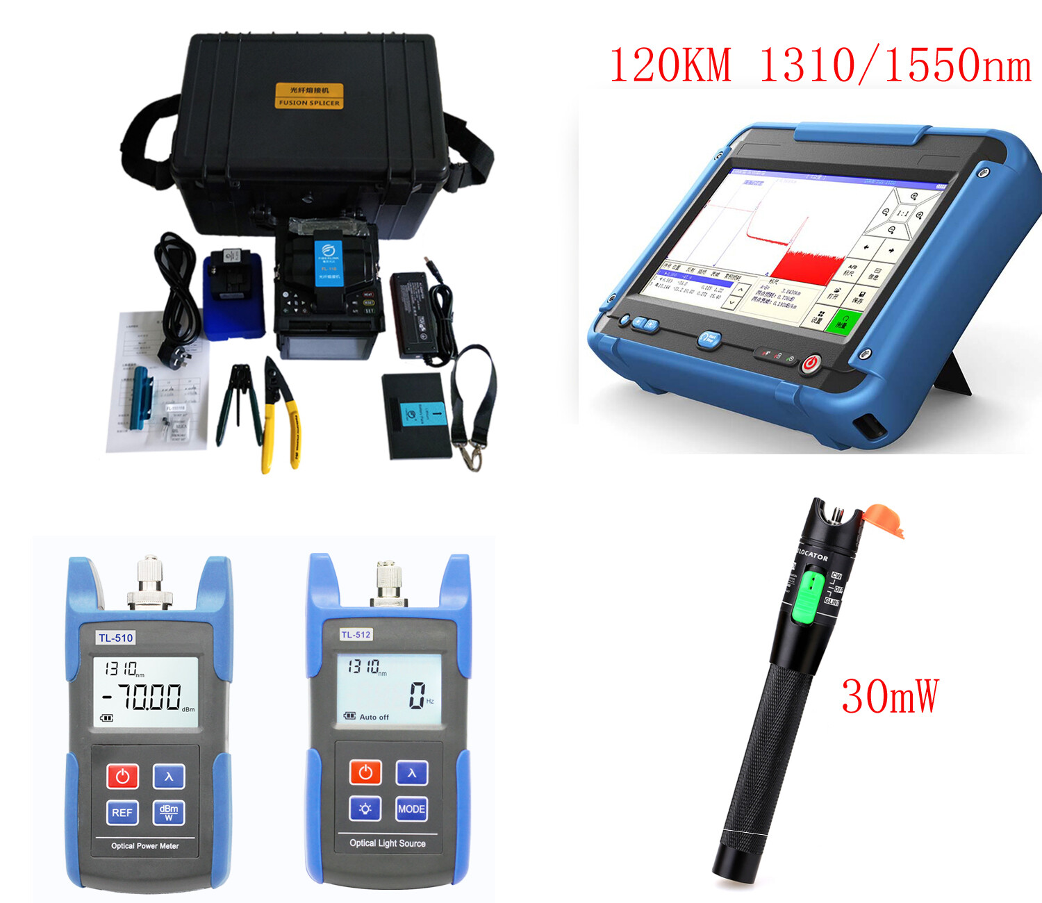 7-inch Screen Fusion Splicer + 120km 32/30 dB OTDR Tester  + OPM OLS  + 30mw VFL