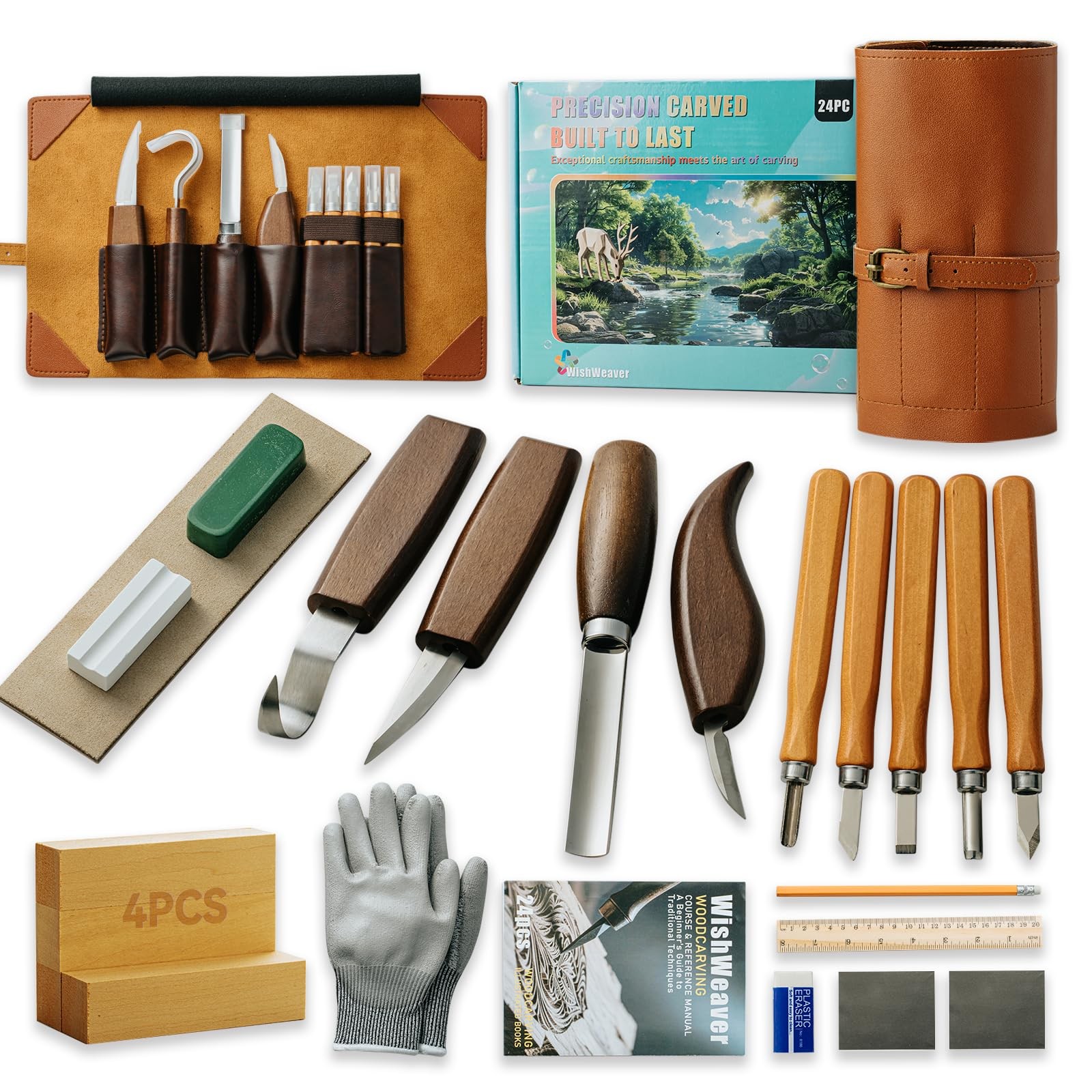 Wood Carving Kit, 24Pcs Wood Carving Tools Set with Leather Storage Bag, Wood...