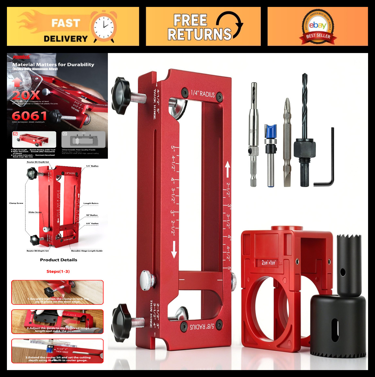 Adjustable Door Hinge Jig & Lock Drilling Kit - Aluminum Router Template for 1-3
