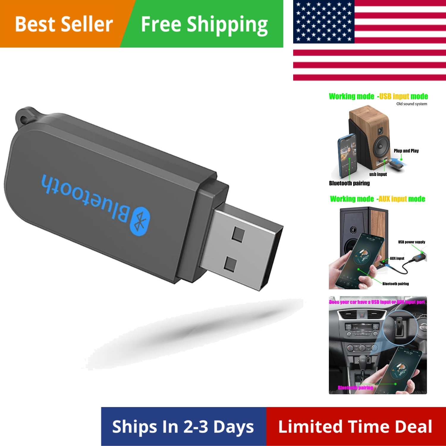 USB Bluetooth Receiver, Bluetooth 5.3 Wireless Audio Adapter 3.5mm Car Kit Mu...