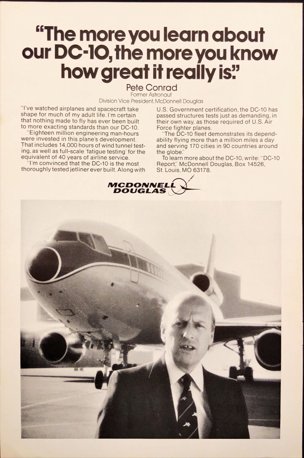 Pete Conrad Astronaut McDonnell Douglas DC-10 Aircraft Vintage Print Ad 1980