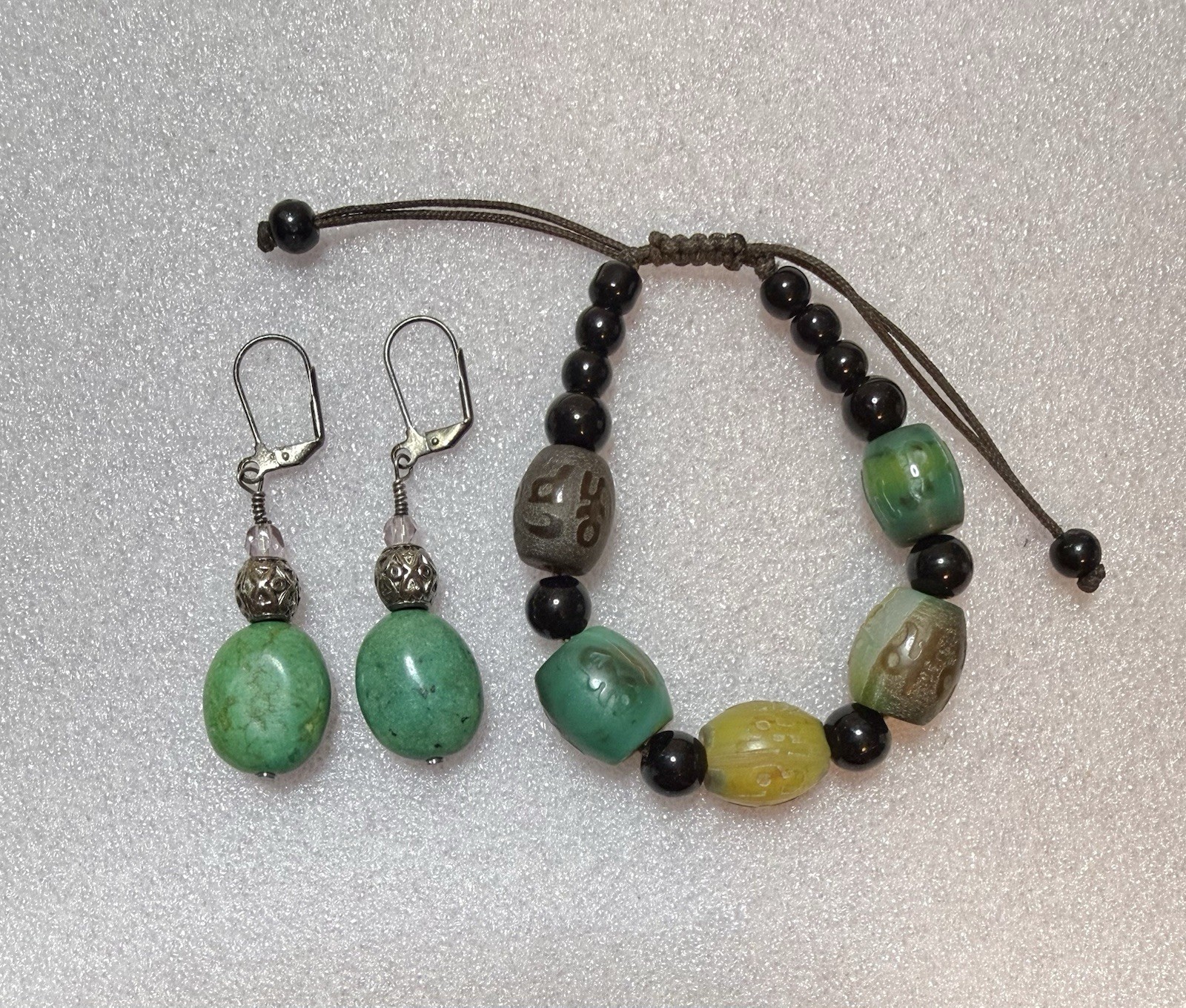 GEMSTONE Beaded Drawstring Adjustable Bracelet & Mated 2” Dangle Earrings