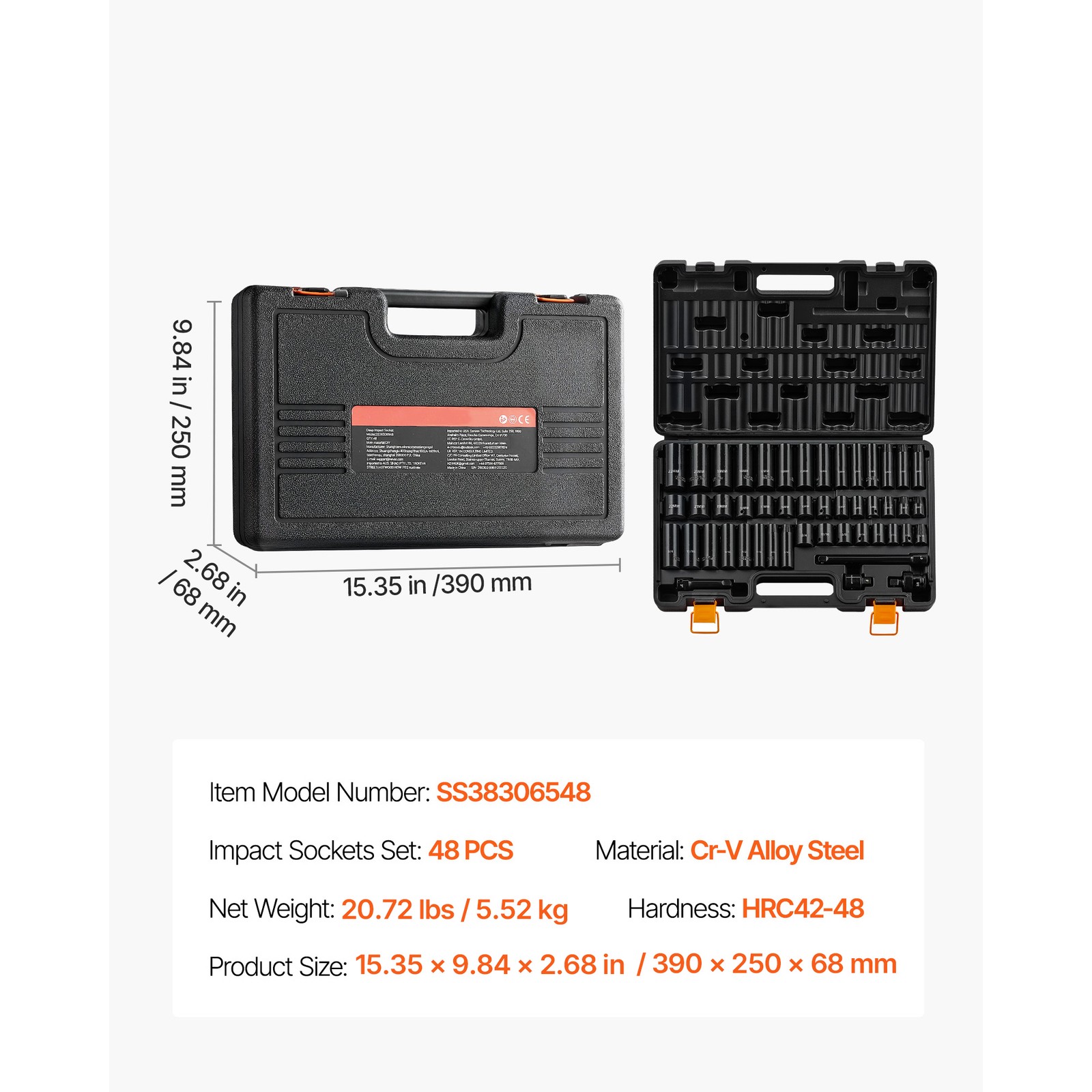 Impact Socket Set, 3/8" Drive, 48-Piece Socket Set, 6-Point Sockets