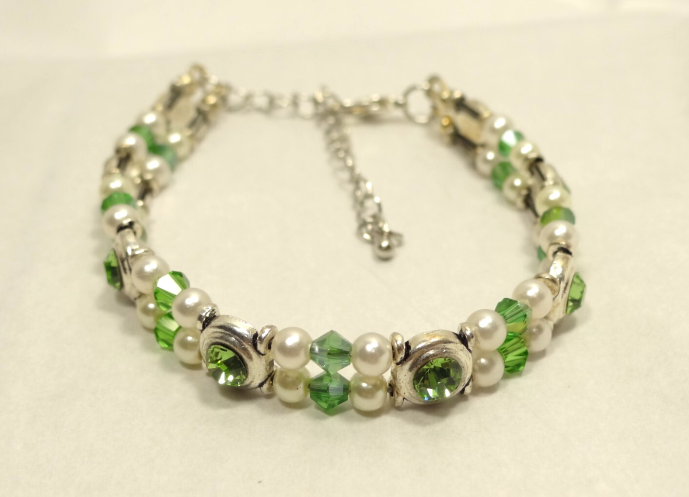 Bracelet Made with Swarovski Crystals Green/Faux Pearl White 7" - 9"
