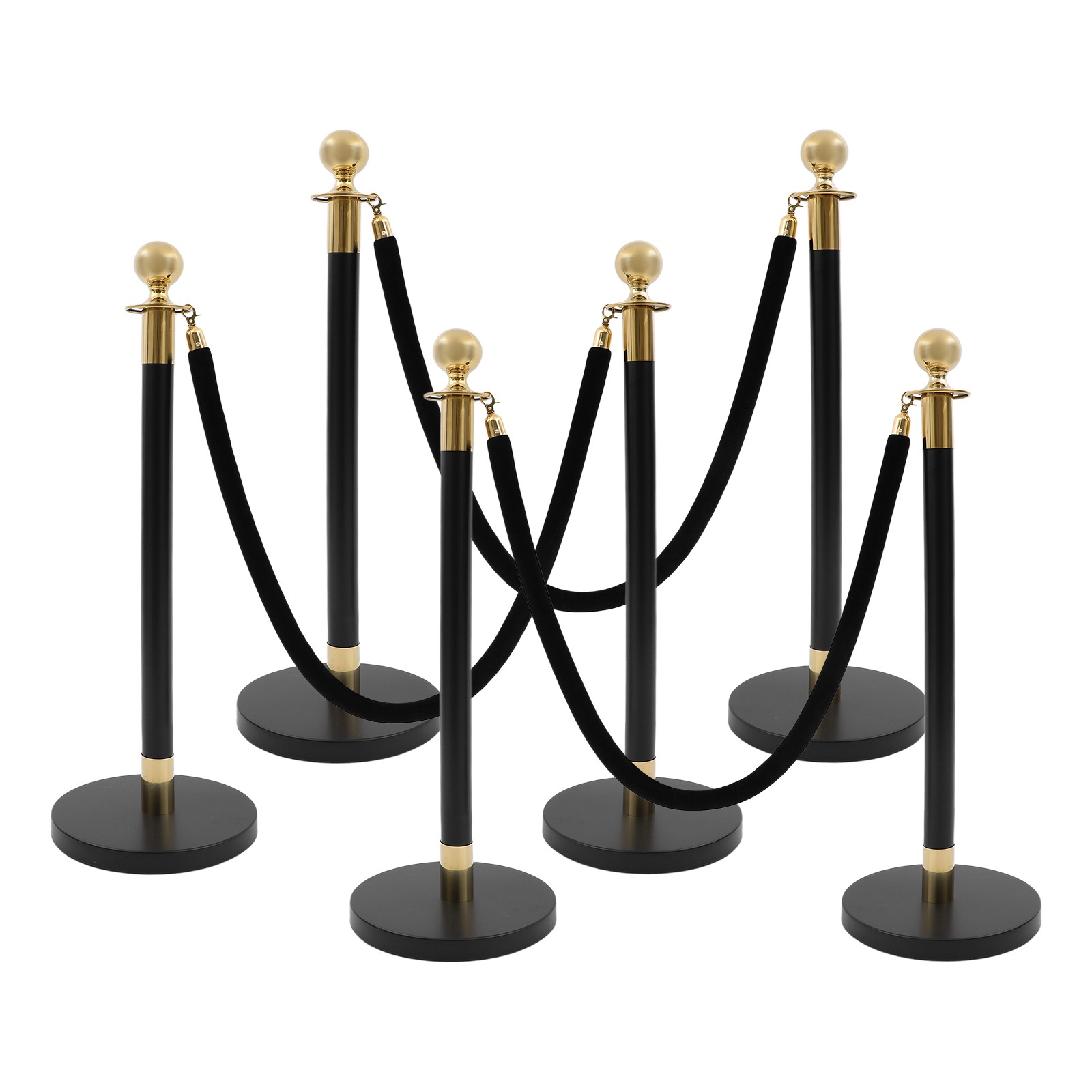 6x Gold+Black Stanchion Posts Queue Pole with 3 1.5M Ropes Crowd Control Barrier