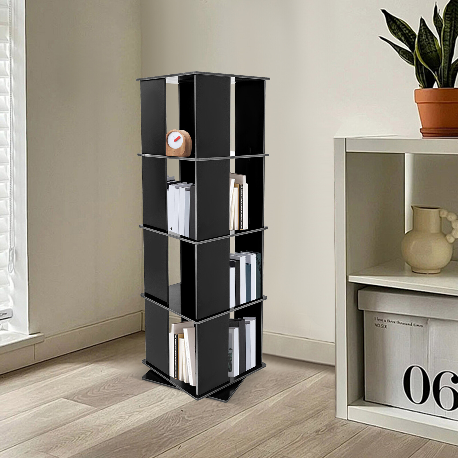 Black Bookcase Storage Shelf 360° Rotating Bookshelf Freestanding Display Rack