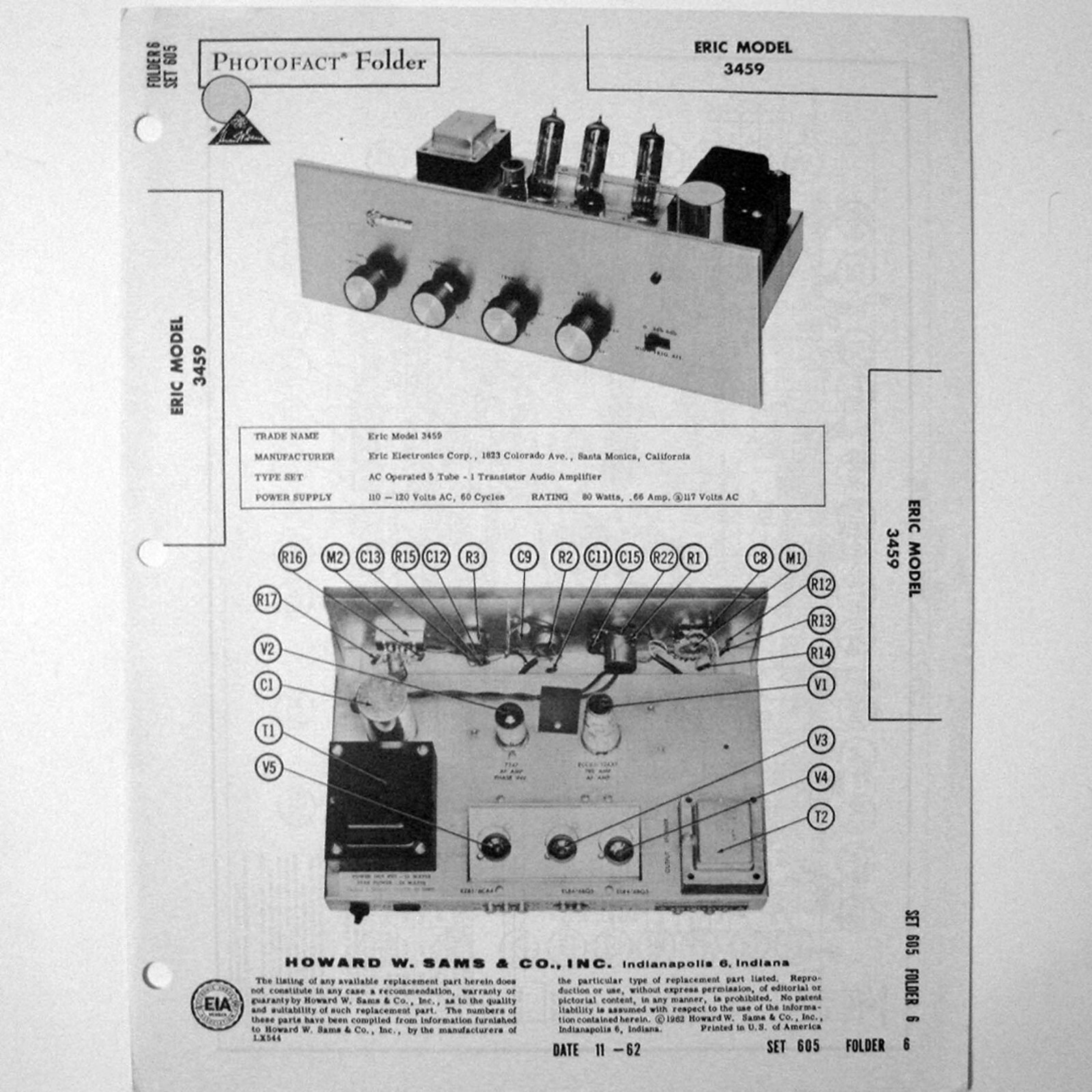Eric Model 3459 5 Tube 1 Transistor Audio Amp - SAMS Photofact ™ 1962 - New NOS