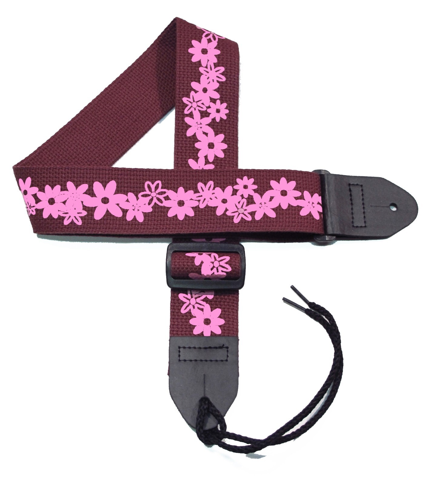 2" Cotton Guitar strap "Closeout" Daisy Flowers Neon Pink on Cherry